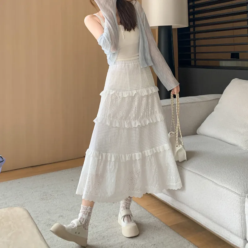 MAKINO Casual Long Skirt Women's White-7