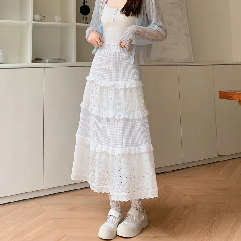 MAKINO Casual Long Skirt Women's White-5