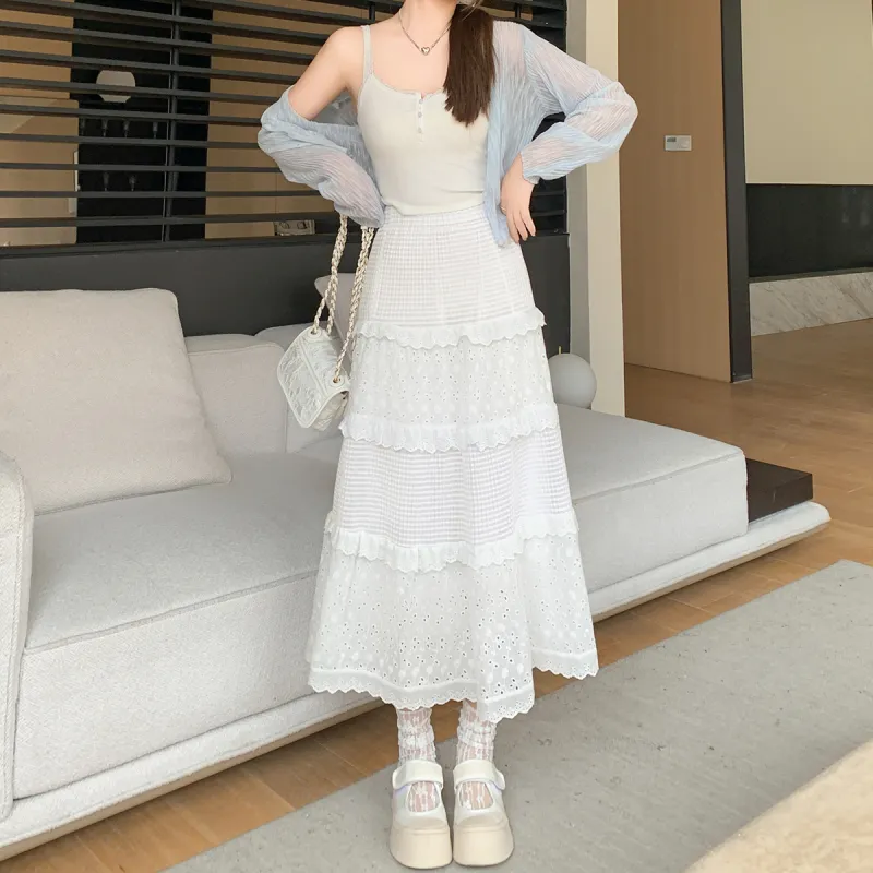 MAKINO Casual Long Skirt Women's White-6