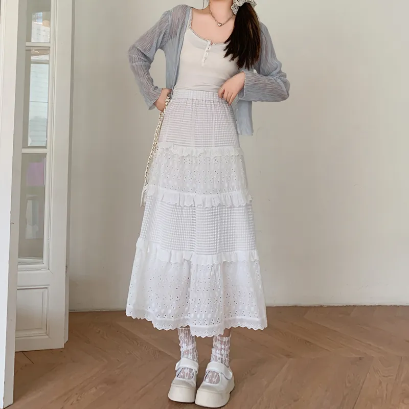 MAKINO Casual Long Skirt Women's White-2