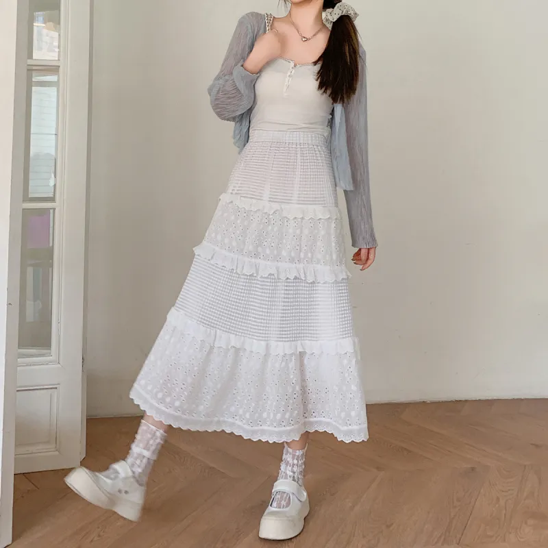 MAKINO Casual Long Skirt Women's White-3