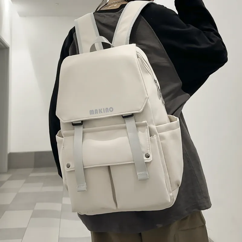 MAKINO Fabric Backpack Medium Size Unisex Black/White/Blue-9