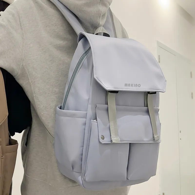 MAKINO Fabric Backpack Medium Size Unisex Black/White/Blue-14