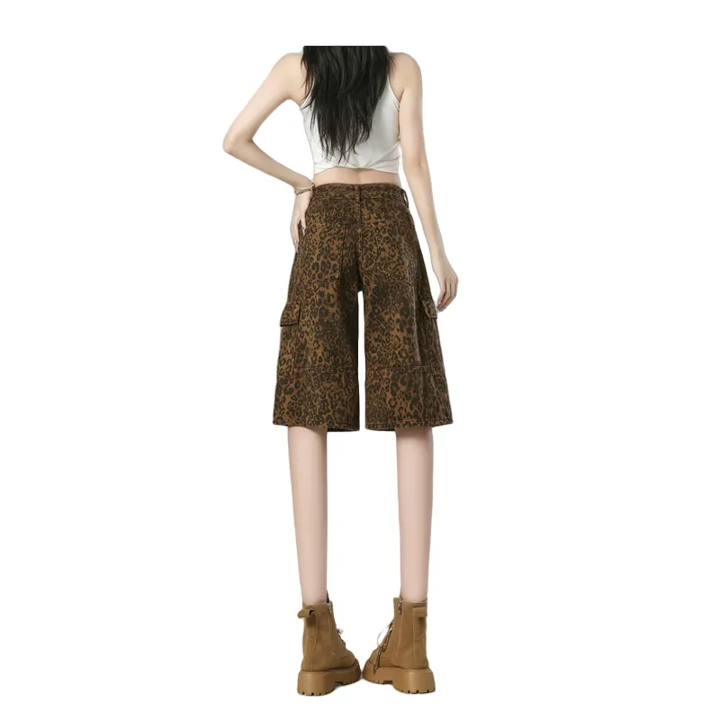 FOREVER 21 Denim Shorts Women's Vintage Leopard Print-1