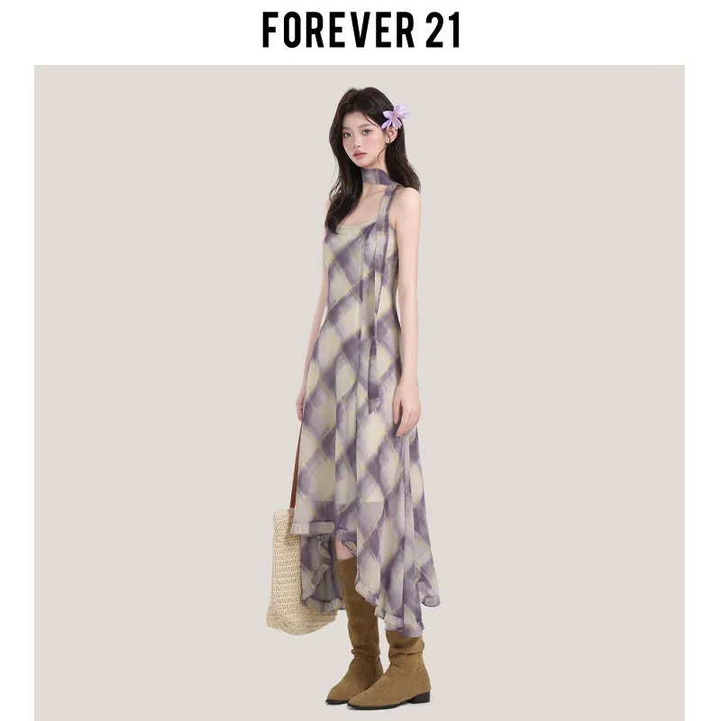 FOREVER 21 Slip Dress Women's Purple Plaid-1