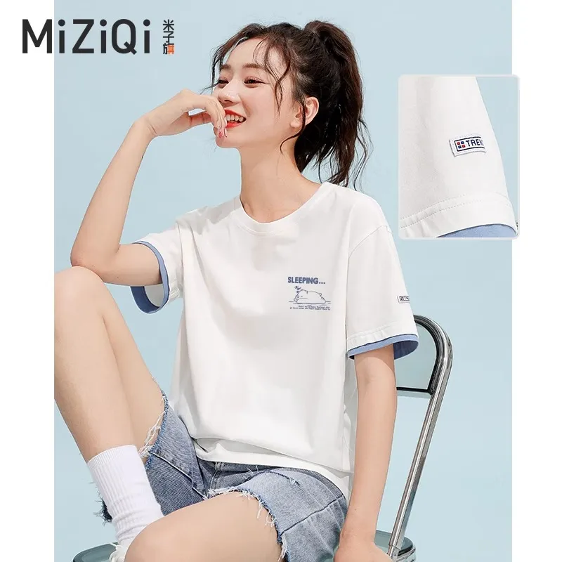 MIZIQI T Shirts Women's Blue Text 7962 Left Bust Minimizing, Blue White-2