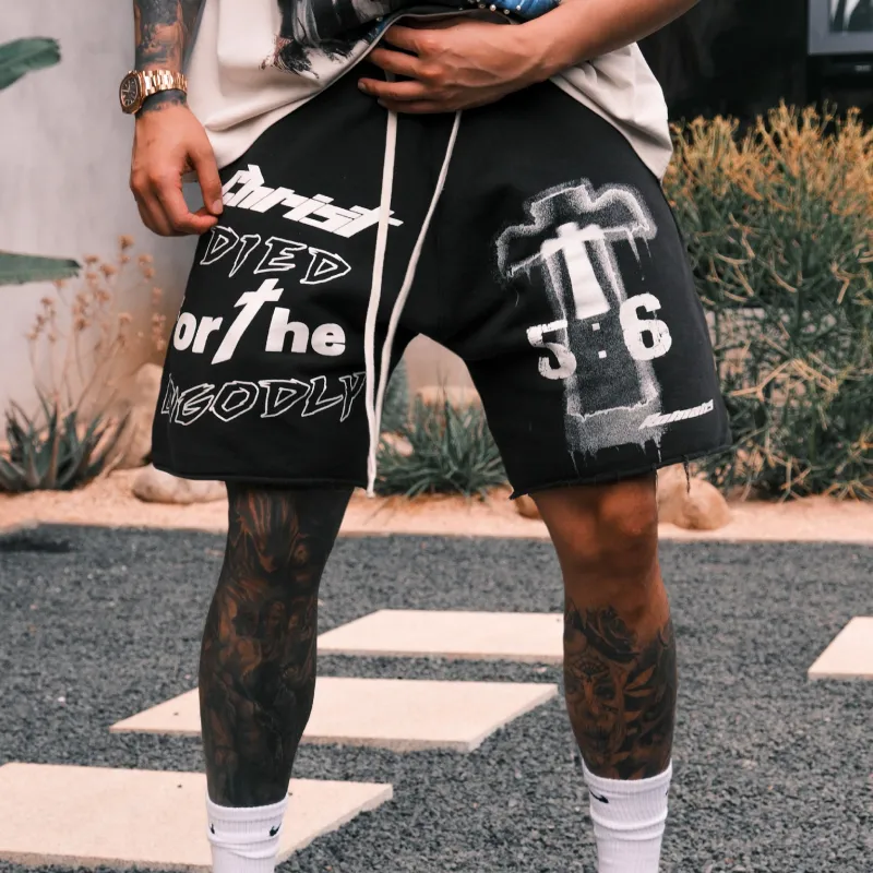 RESERFF Shorts Hip Hop Vintage Summer Trendy Brand Knee Length Pants Men's Black Gray-2