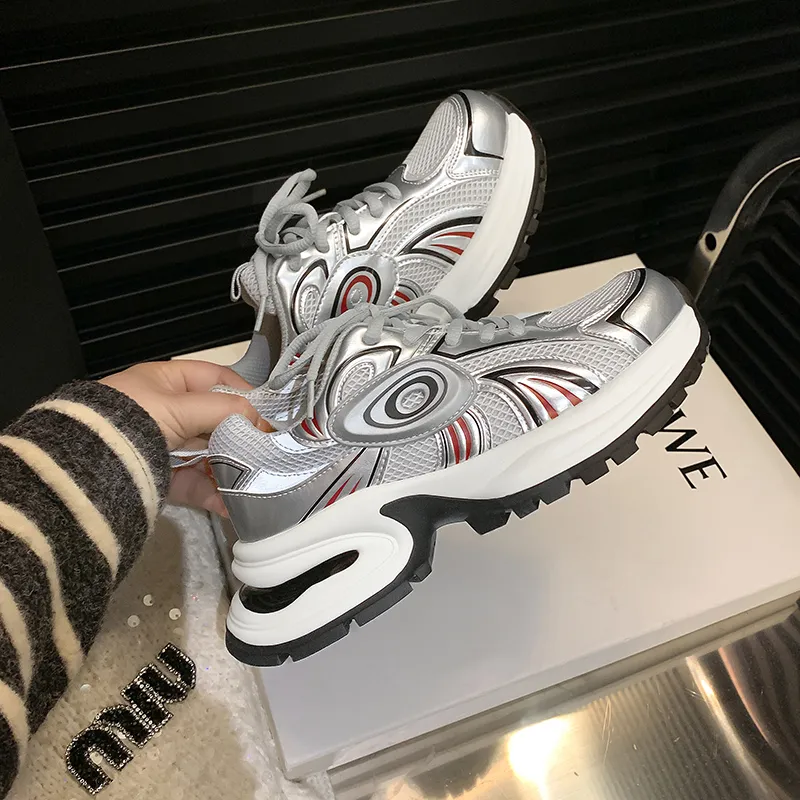MIS. DANNY Abrasion Resistant Low Top Chunky Sneakers Women's Silver-3