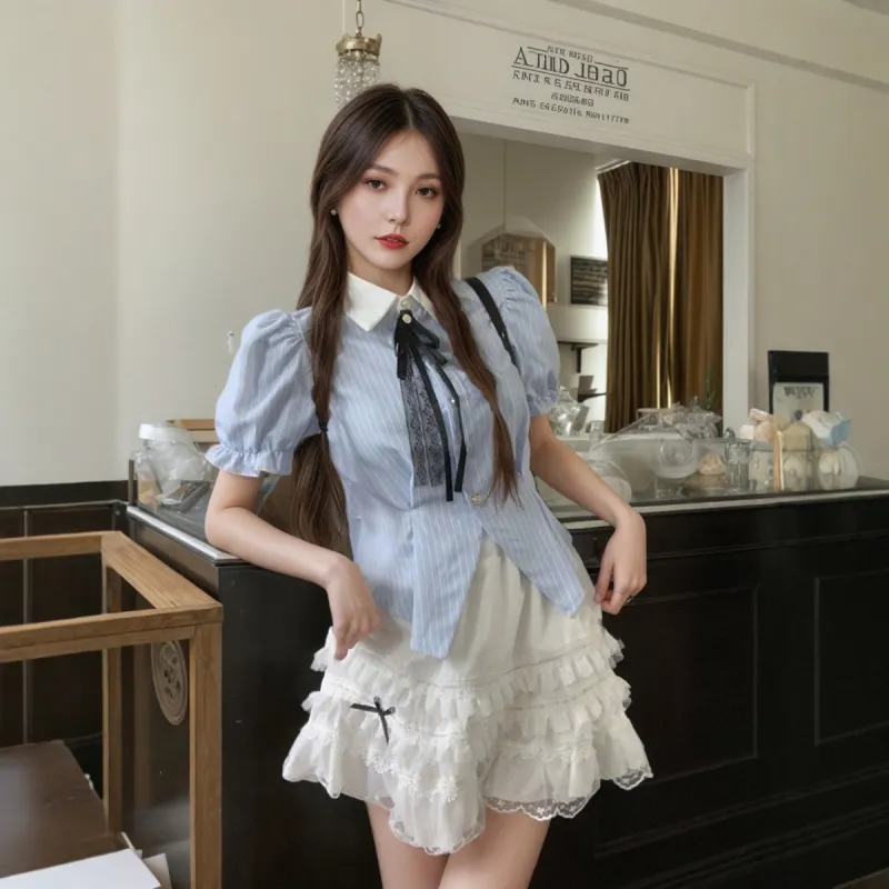 Pa33word Skirt Set Women's Two Piece Set Blue White-2