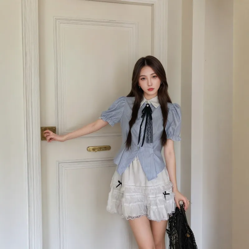 Pa33word Skirt Set Women's Two Piece Set Blue White-6