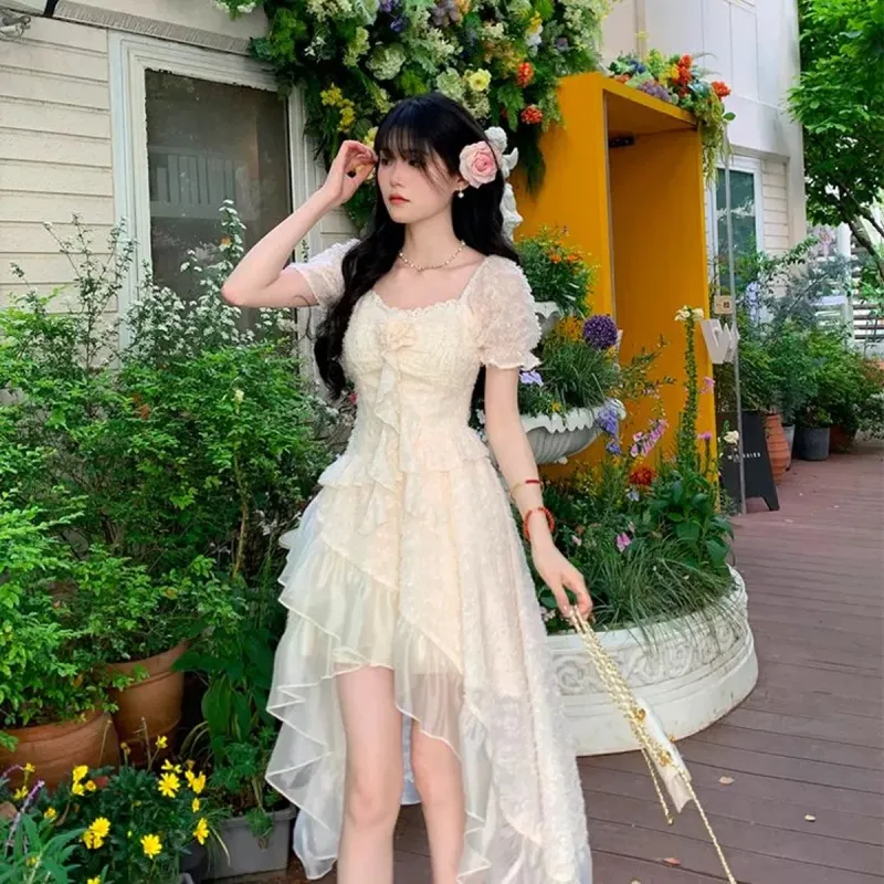 Yvetteclassic Short Sleeved Dress Women's Apricot With Chest Flower-2