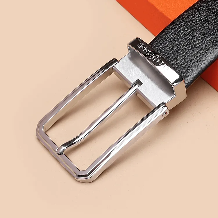 ELLE HOMME Pin Buckle Belt Casual Steel Buckle Top Grain Cow Leather Belts Men's Black Width 3.7cm-5