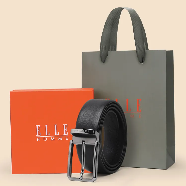 ELLE HOMME Pin Buckle Belt Casual Steel Buckle Top Grain Cow Leather Belts Men's Black Width 3.7cm-15