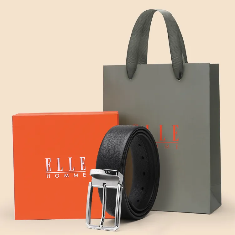 ELLE HOMME Pin Buckle Belt Casual Steel Buckle Top Grain Cow Leather Belts Men's Black Width 3.7cm-7