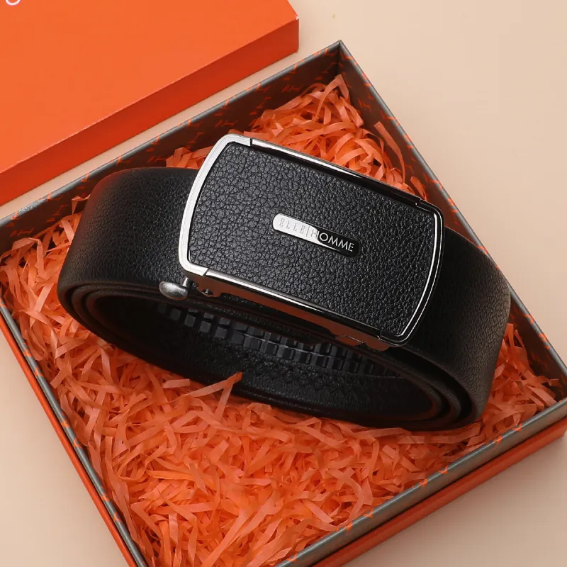 ELLE HOMME Top Grain Cow Leather Belts Men's Black Width 3.7cm-2