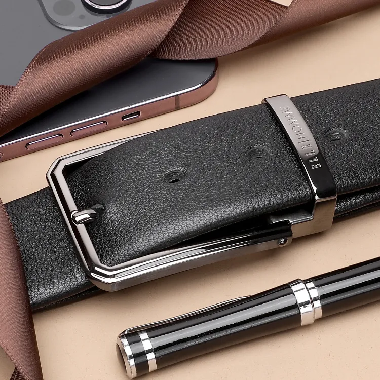ELLE HOMME Pin Buckle Belt Casual Steel Buckle Top Grain Cow Leather Belts Men's Black Width 3.7cm-12