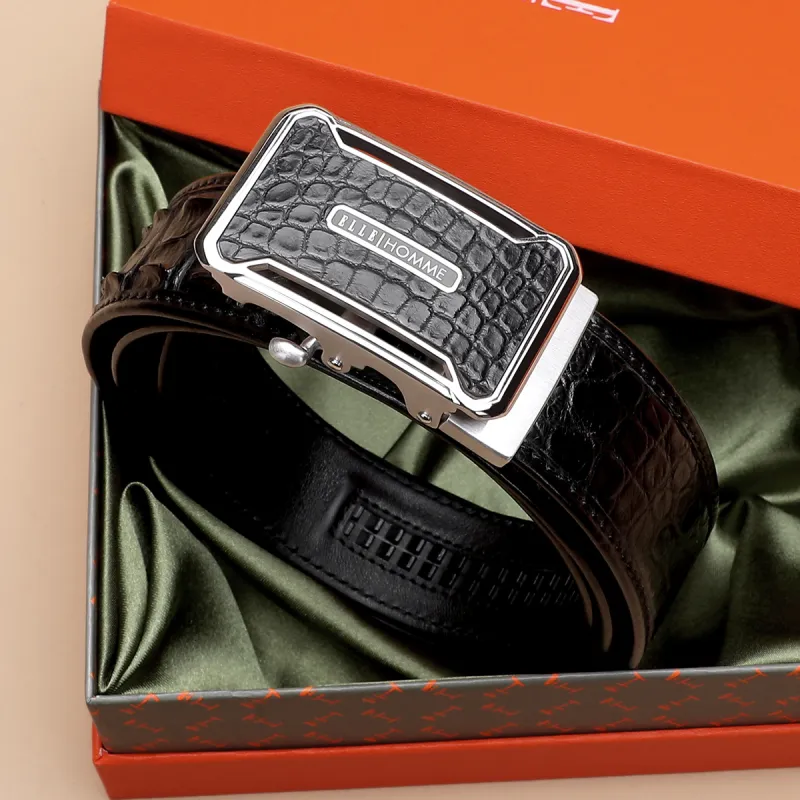 ELLE HOMME Cow Leather, Steel Buckle Leather Belts Men's Black Width  3.7cm Gift Box Set-5