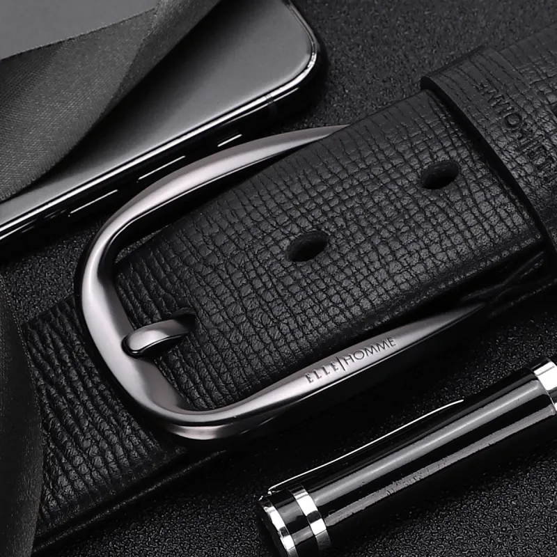 ELLE HOMME Cross Grain Top Grain Cow Leather Belts Men's Black Width 3.85CM-4