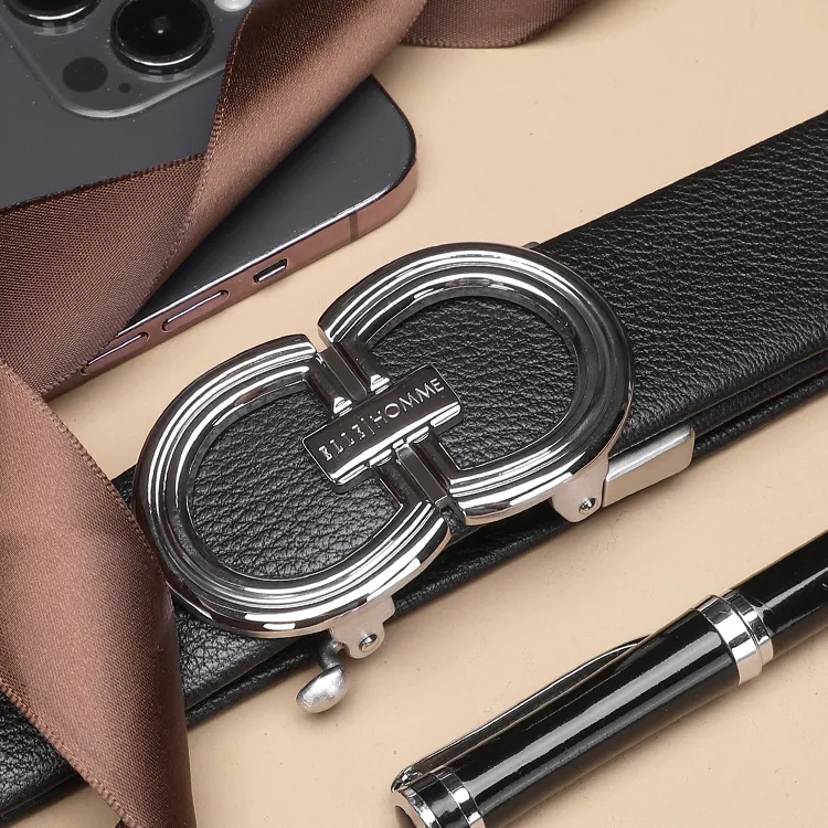 ELLE HOMME Automatic Buckle Belt Steel Buckle Casual Fashion Top Grain Cow Leather Belt Men's Black Width 3.7cm-4