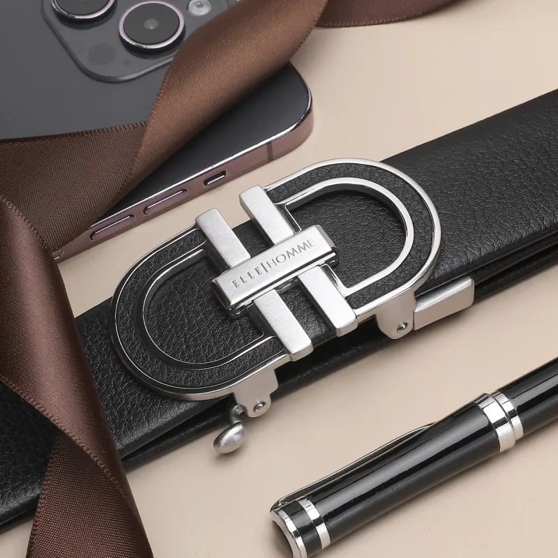 ELLE HOMME Automatic Buckle Belt Genuine Leather Trendy Steel Buckle Cow Leather Belts Men's Black Width 3.7cm-2