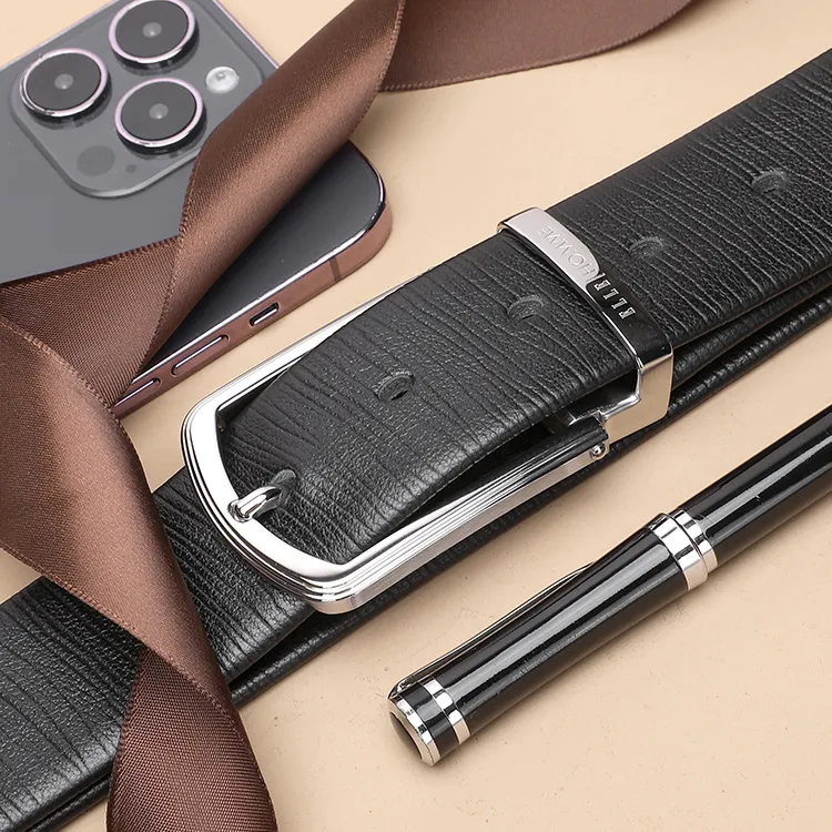 ELLE HOMME Pin Buckle Belt Genuine Leather Brushed Steel Buckle Top Grain Cow Leather Belts Men's Black Width 3.7cm-12