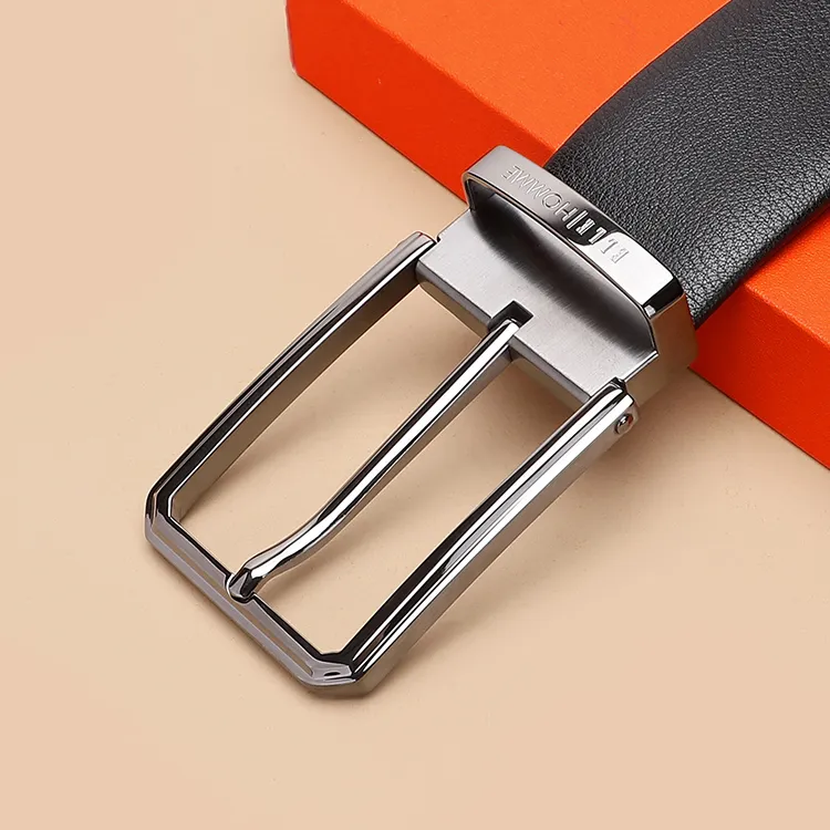 ELLE HOMME Pin Buckle Belt Casual Steel Buckle Top Grain Cow Leather Belts Men's Black Width 3.7cm-13