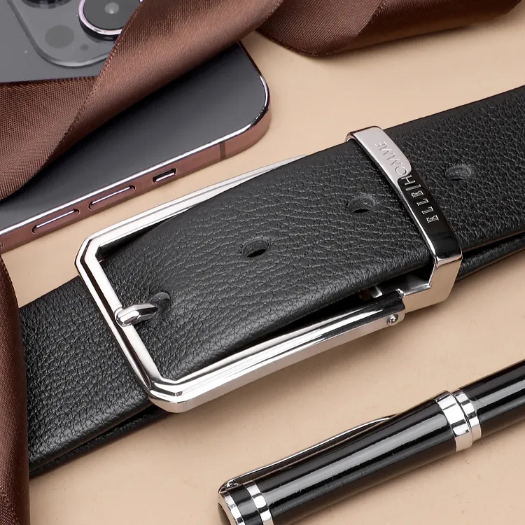ELLE HOMME Pin Buckle Belt Casual Steel Buckle Top Grain Cow Leather Belts Men's Black Width 3.7cm-4