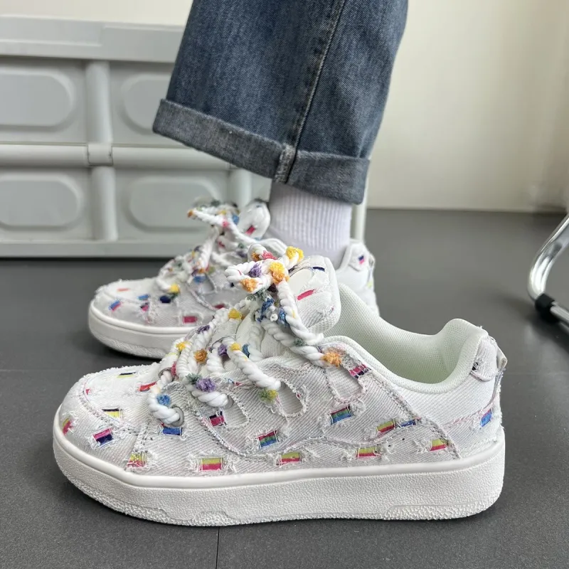 LIANGHUO Anti Slip Wear Resistant Low Top Skateboard Shoes Women's Rice Rainbow-2