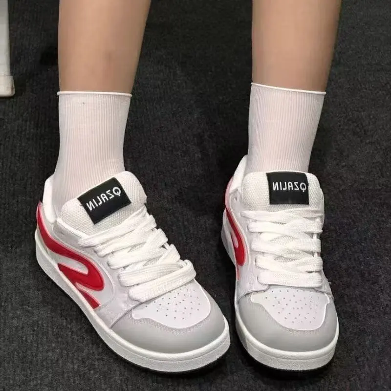 SHUXIAOBEI Slip Resistant, Lightweight, And Breathable Low Top Classic Skateboard Shoes Women's White, Red, Gray Shades-8