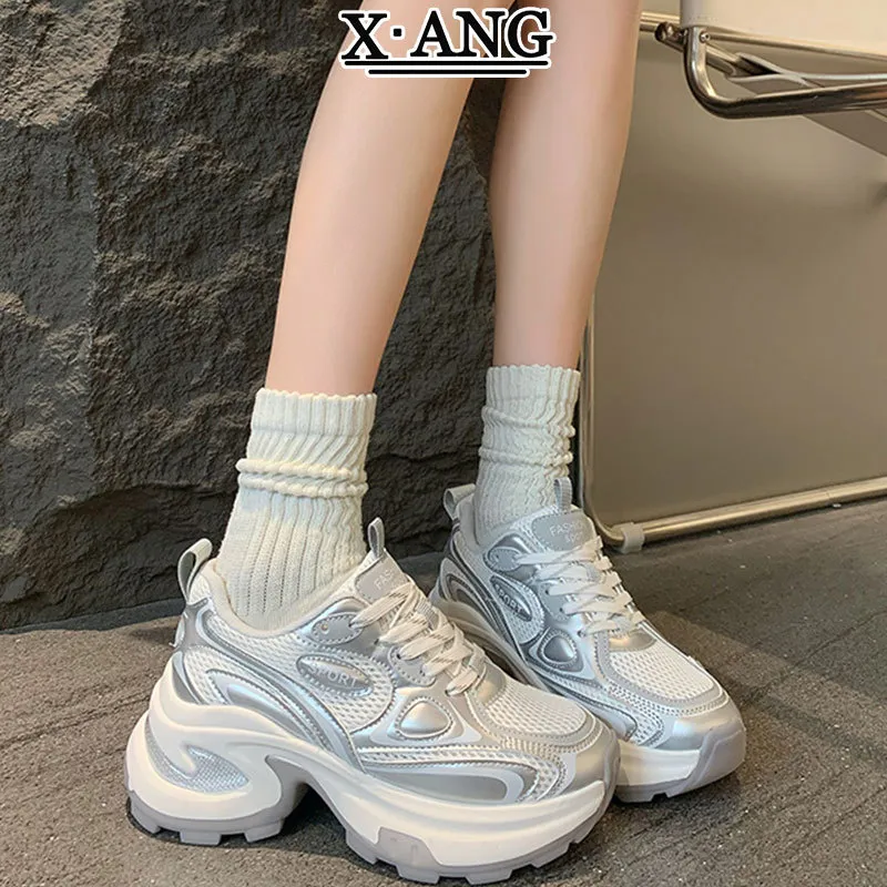 LIANGHUO Cushioning Anti Slip Wear Resistant Breathability Low Top Chunky Sneakers Women's Silver-4