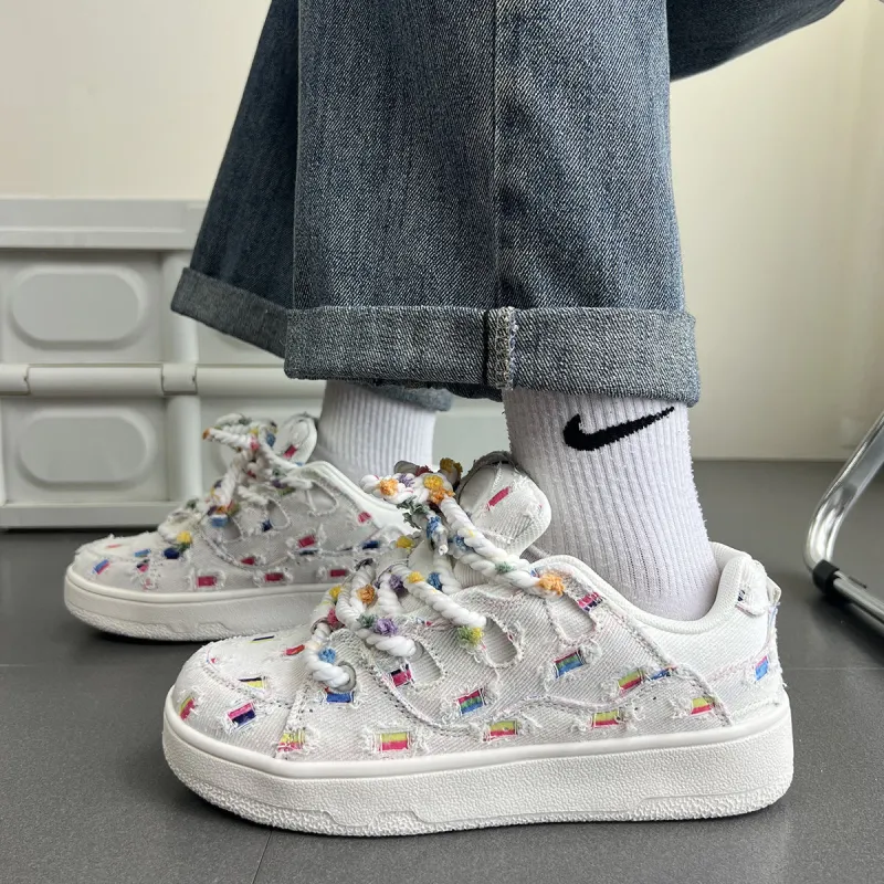 LIANGHUO Anti Slip Wear Resistant Low Top Skateboard Shoes Women's Rice Rainbow-4