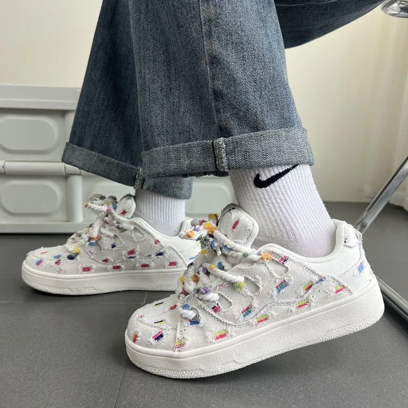 LIANGHUO Anti Slip Wear Resistant Low Top Skateboard Shoes Women's Rice Rainbow-3