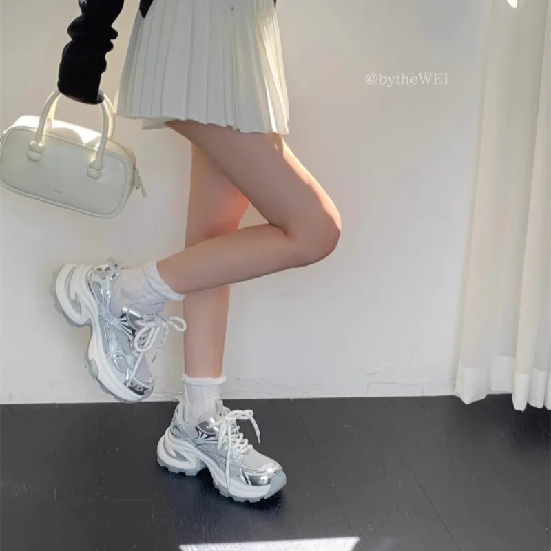 LIANGHUO Shock Absorbers With Slip Resistant And Abrasion Resistant Properties Low Top Chunky Sneakers Women's Silver-2