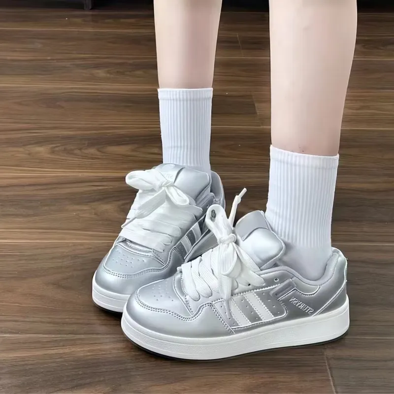 LIANGHUO Slip Resistant Cushioning Impact Resistance Wear Resistant Low Top Skateboard Shoes Women's Silver-4