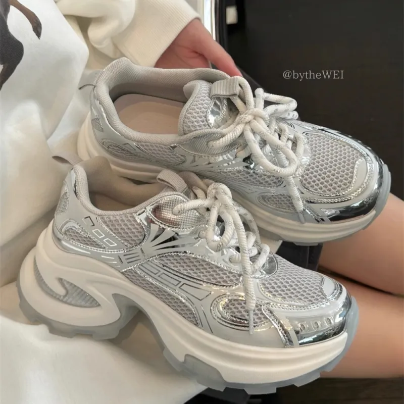 LIANGHUO Shock Absorbers With Slip Resistant And Abrasion Resistant Properties Low Top Chunky Sneakers Women's Silver-5