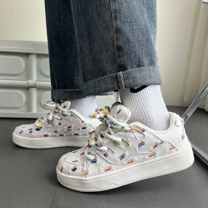 LIANGHUO Anti Slip Wear Resistant Low Top Skateboard Shoes Women's Rice Rainbow-5