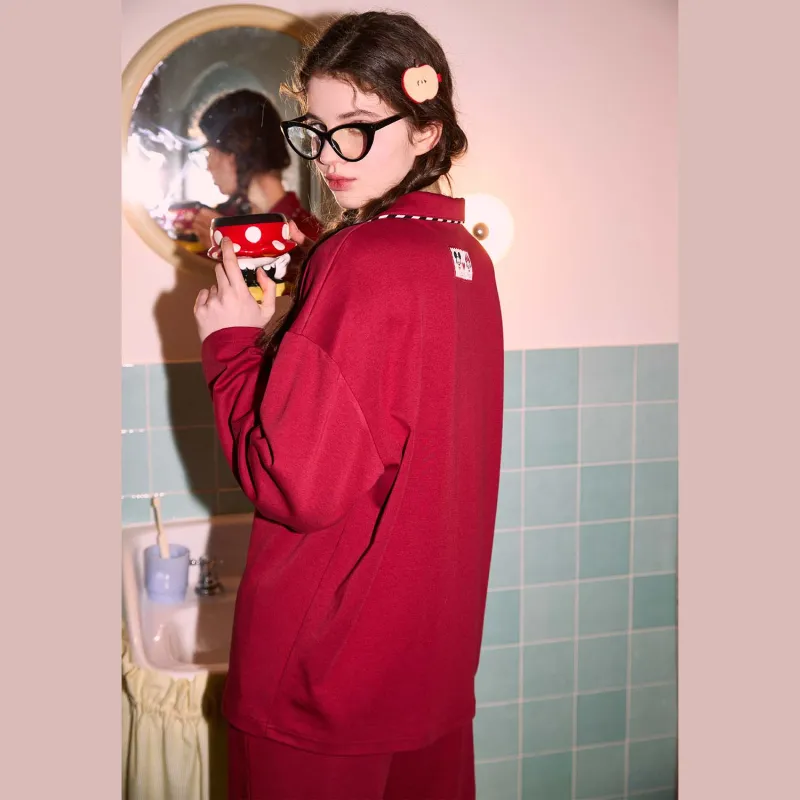 GUKOO x Disney Mickey Series Pajama Set Women's Dark Red-4