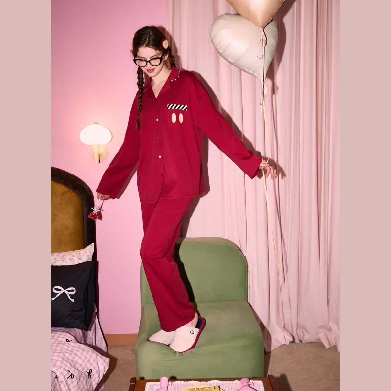 GUKOO x Disney Mickey Series Pajama Set Women's Dark Red-5