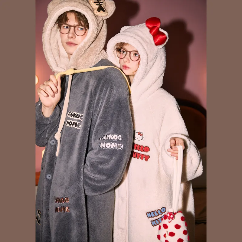 GUKOO x SANRIO Hello Kitty Pajama Robe Men's Mist Gray-3
