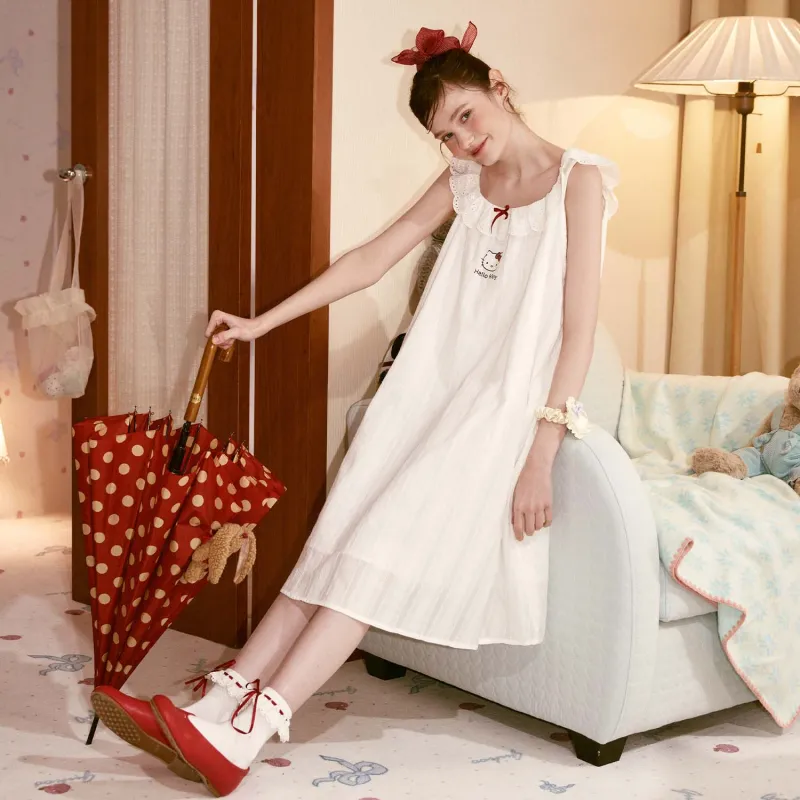 GUKOO x Hello Kitty Sanrio Series Nightgown Women's Jade White-4