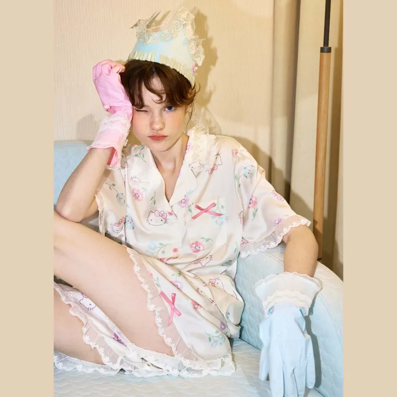 GUKOO x Hello Kitty Sanrio Series Pajama Set Women's Fish Belly White-1