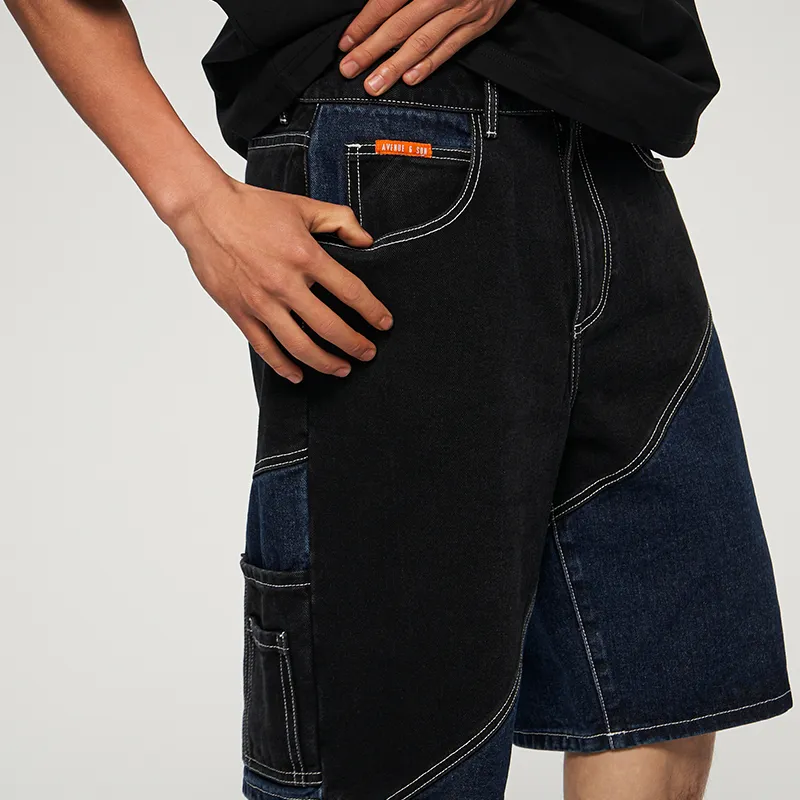 AVENUE&SON Denim Shorts Unisex Blue Black Patchwork-6