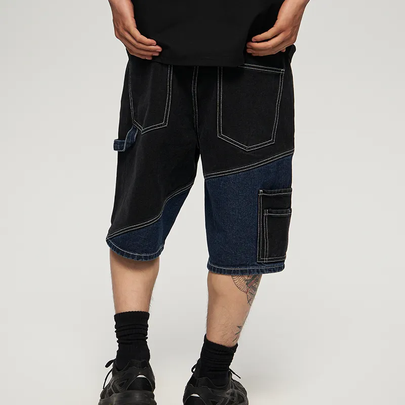 AVENUE&SON Denim Shorts Unisex Blue Black Patchwork-3