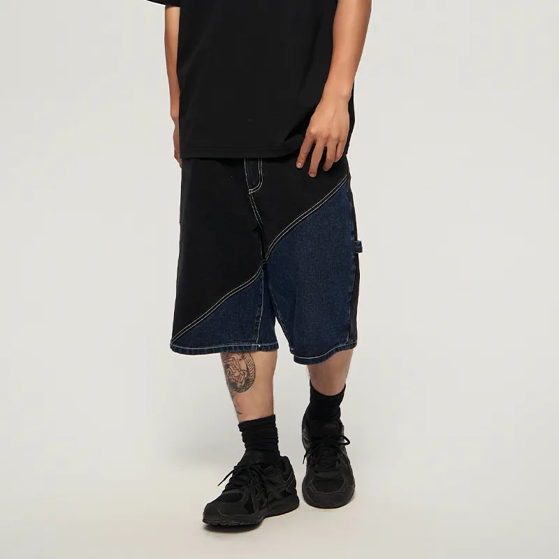 AVENUE&SON Denim Shorts Unisex Blue Black Patchwork-2