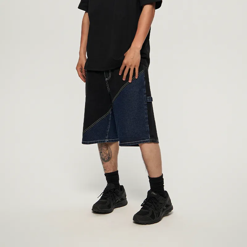 AVENUE&SON Denim Shorts Unisex Blue Black Patchwork-5