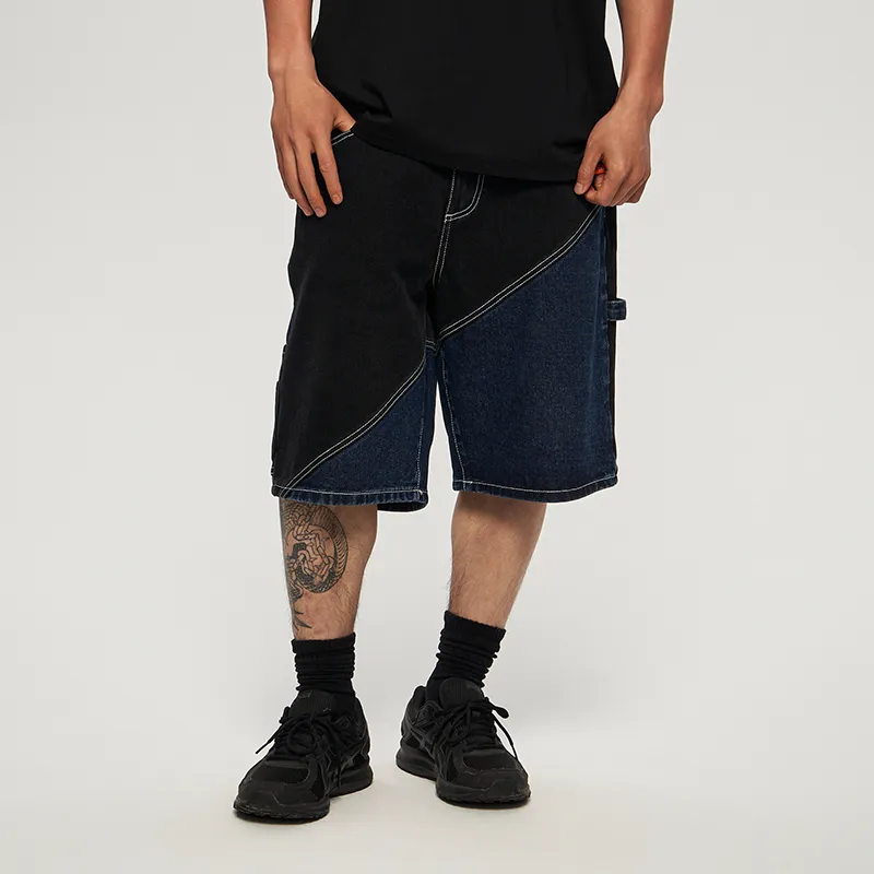 AVENUE&SON Denim Shorts Unisex Blue Black Patchwork-4