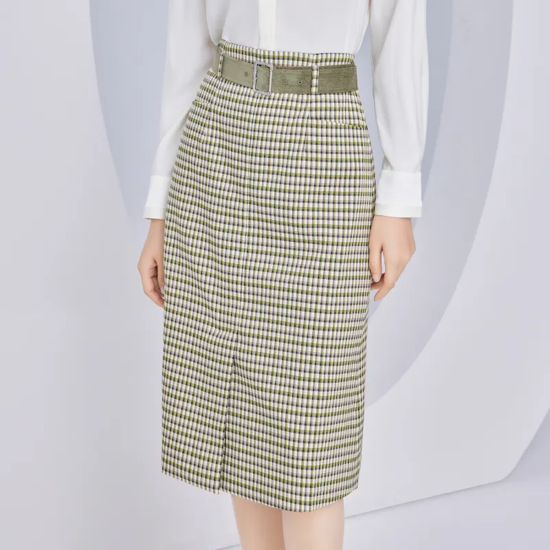 JZ. ANNAKRO Casual Long Skirts Women's Plaid Green-2