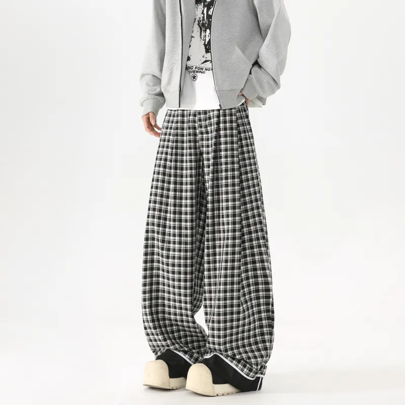 TESTUNG Casual Pants Unisex Black White Plaid-3