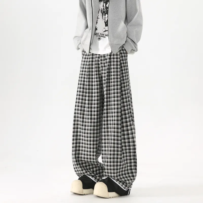 TESTUNG Casual Pants Unisex Black White Plaid-1