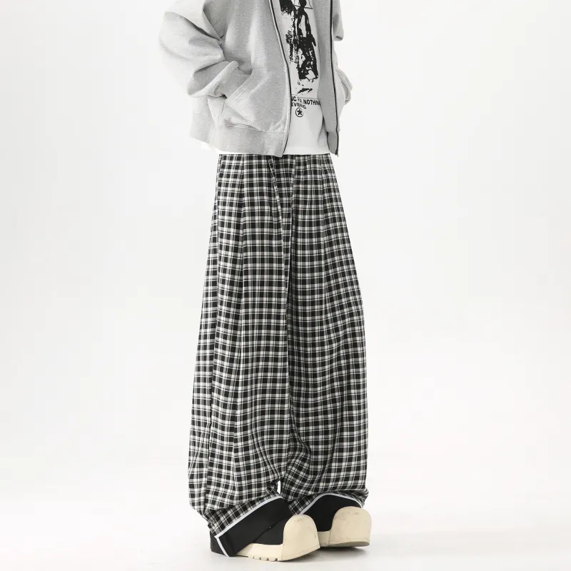 TESTUNG Casual Pants Unisex Black White Plaid-2
